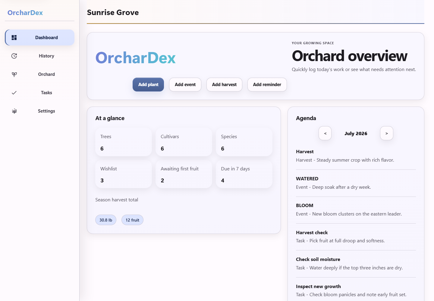 OrcharDex dashboard showing orchard totals, seasonal harvests, bloom windows, and upcoming activity