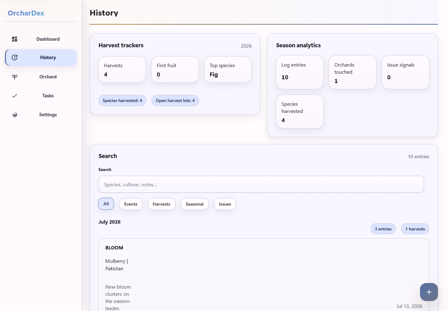 OrcharDex history view with harvest trackers, season analytics, and searchable orchard activity