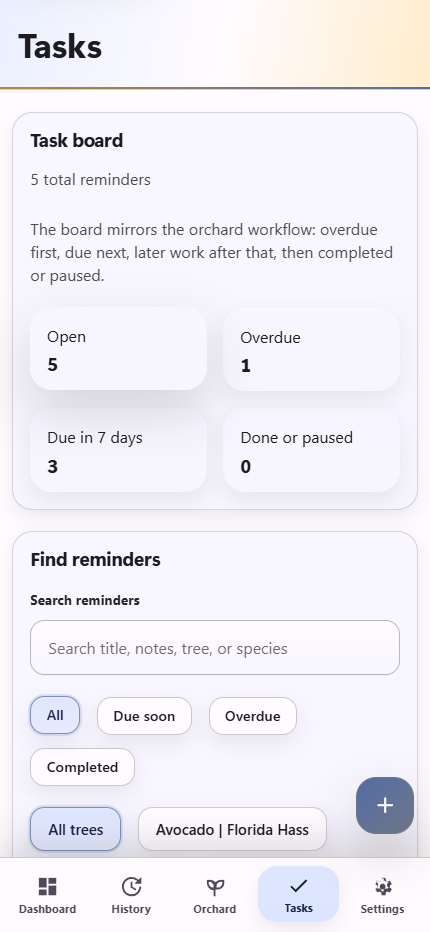 OrcharDex task board on a phone